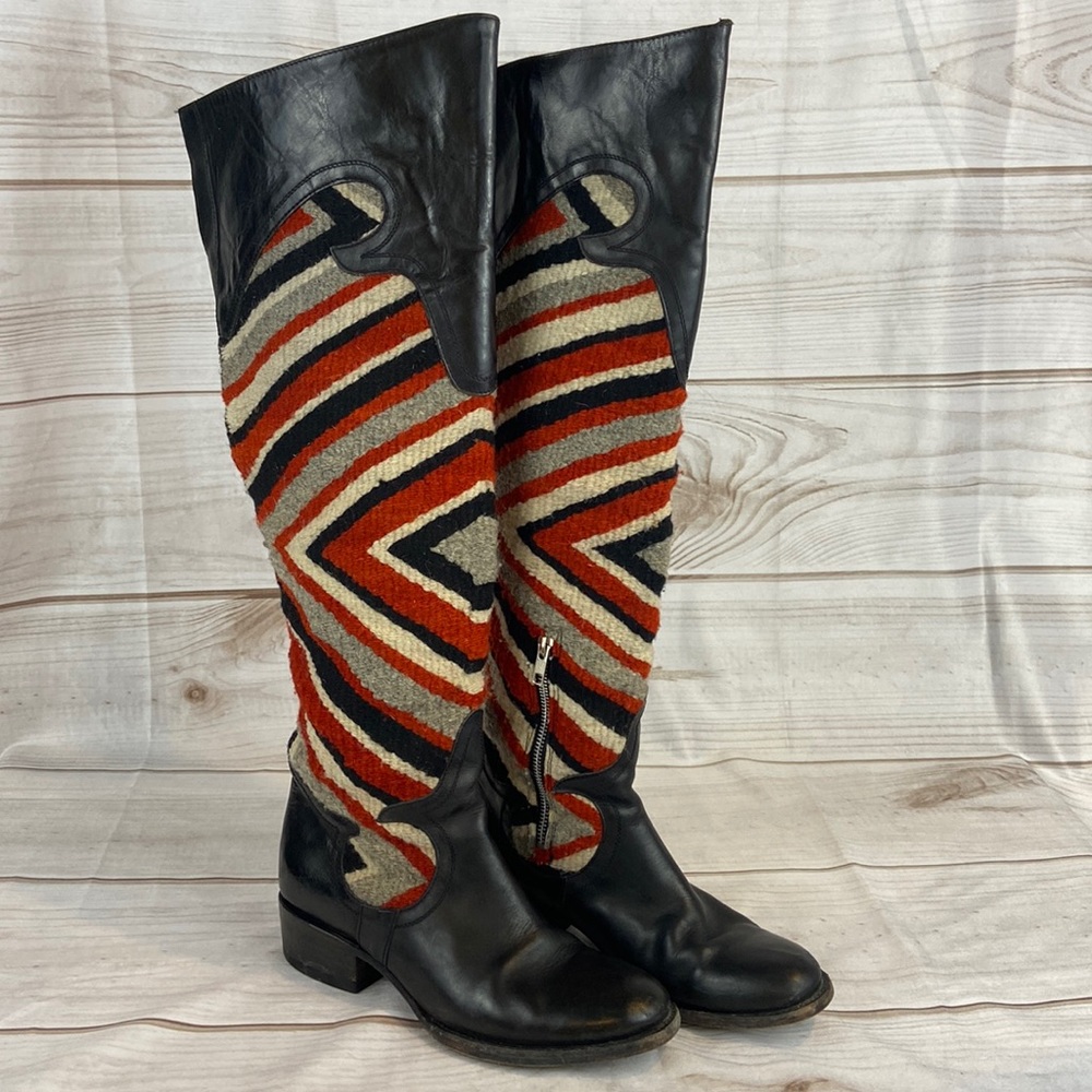 Freebird Steven Cabal Over the Knee Black Red Gray Cream Blanket Boots Size 9